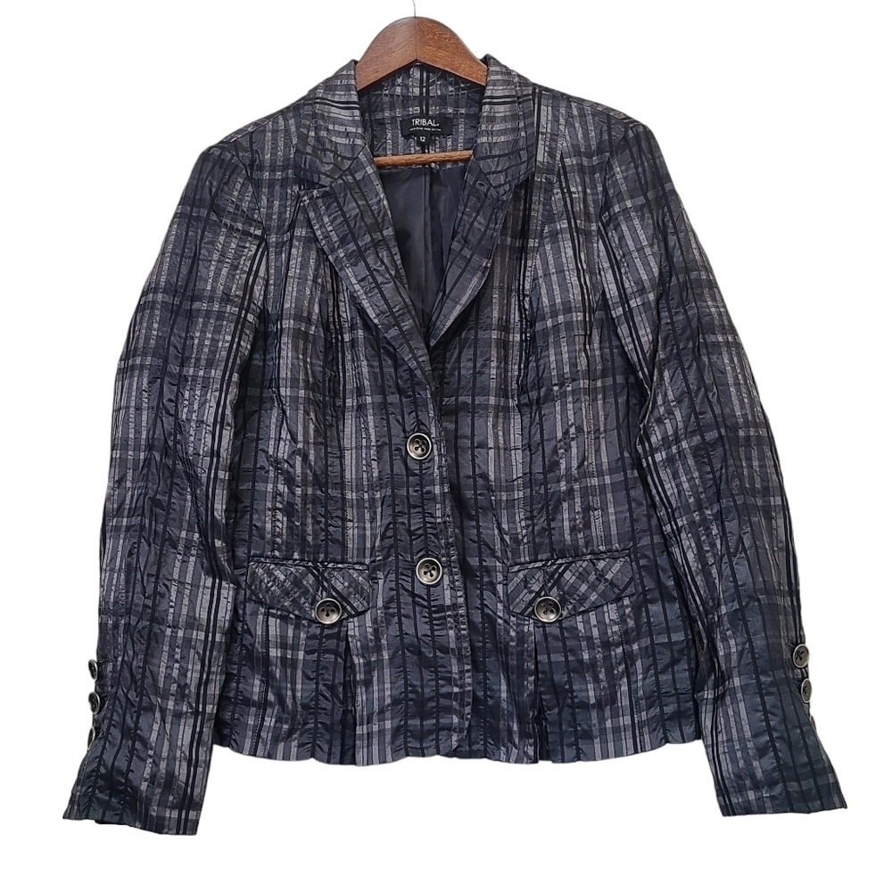 Tribal Womens Size 12 Black Gray Plaid Blazer Jacket Crinkle Satin Pockets